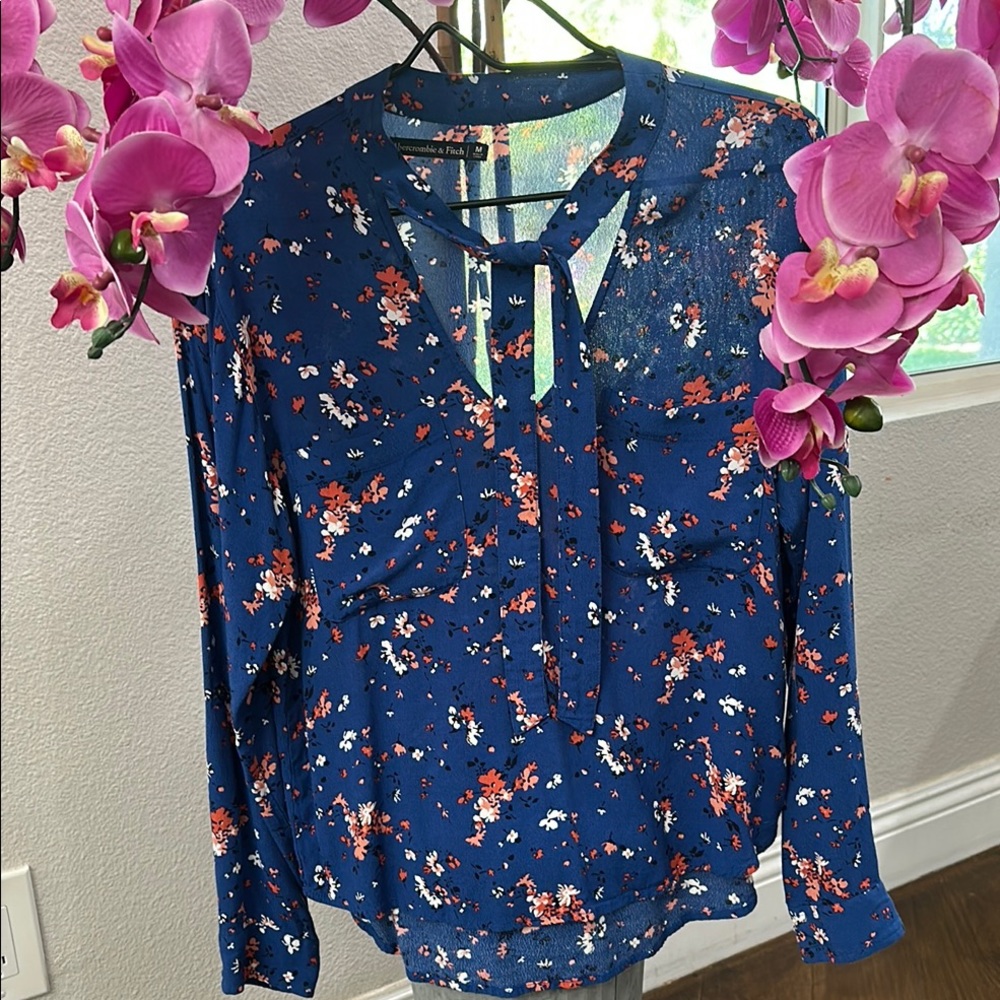 Blue Long Sleeve Tie Front Blouse with V-Neck